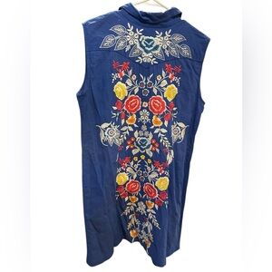 Johnny Was Workshop Denim Sleeveless Shirt dress with Floral Embroidery size XL